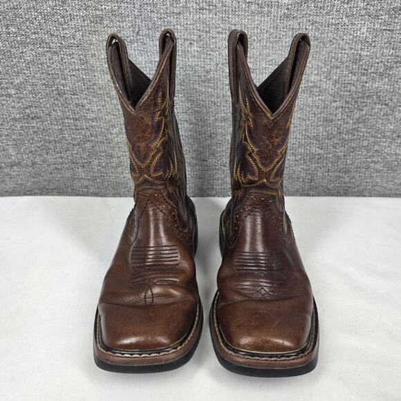 JUSTIN KIDS BROWN LEATHER WESTERN CATTLEMAN JR. BOOTS – SIZE 12 – FLAME STITCH - Picture 3 of 12